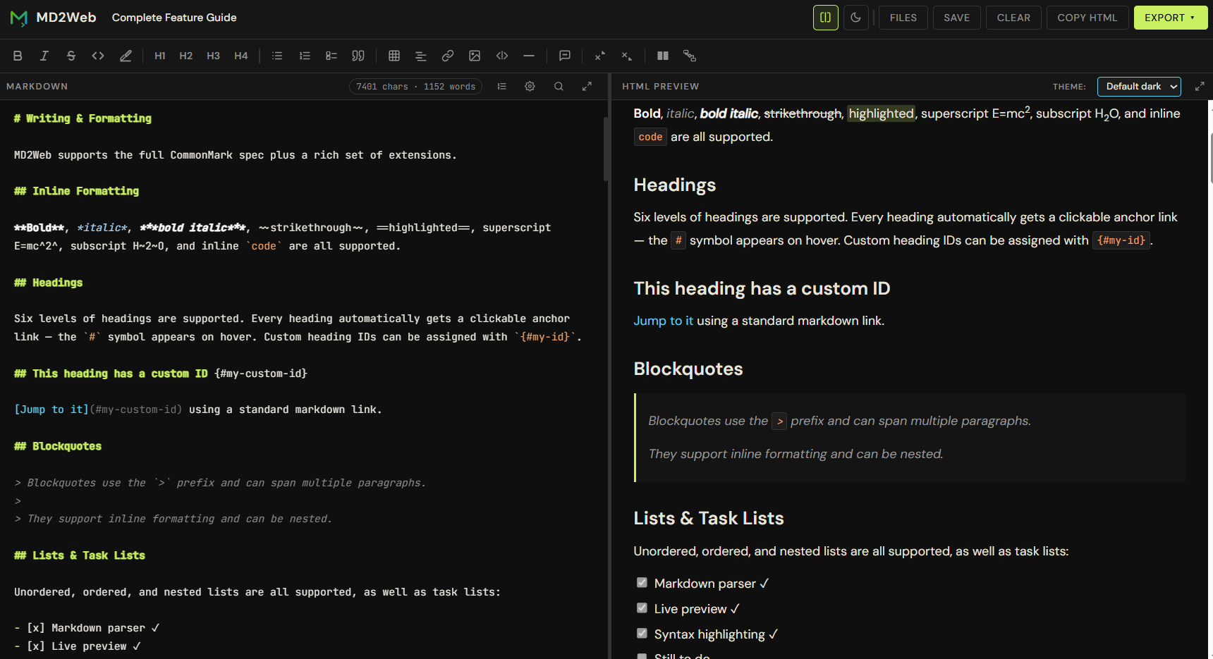 MD2Web editor — dark theme